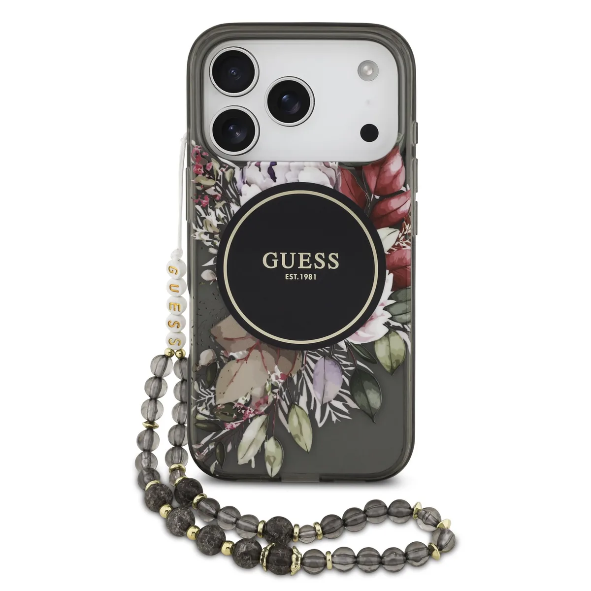 IML Flowers iPhone 17 Pro / 18 Pro hoesje - Met MagSafe en Koord - Zwart van Guess – productfoto