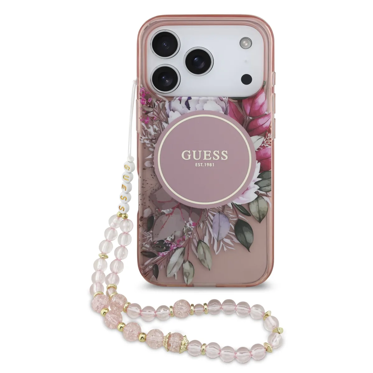 IML Flowers iPhone 17 Pro / 18 Pro hoesje - Met MagSafe en Koord - Roze van Guess – productfoto