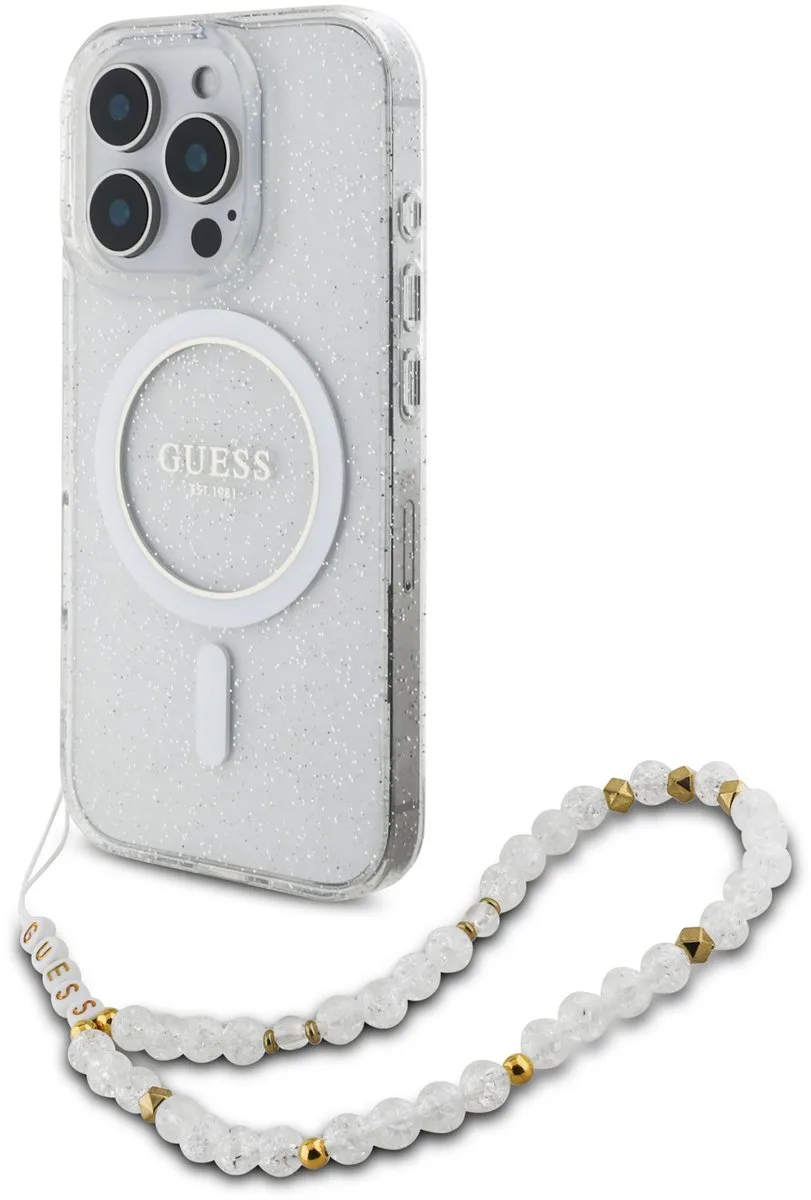 IML Glitter Beads iPhone 16 Pro hoesje met polskoord en MagSafe de Guess en Transparent – photo produit