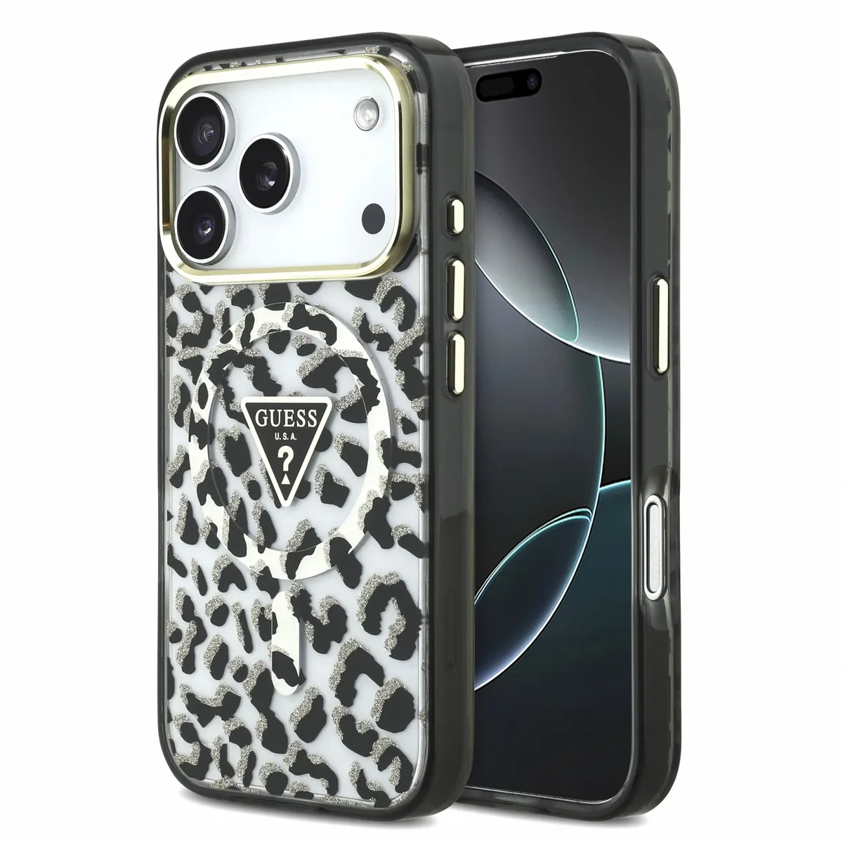 IML Glitter Leopard Triangle Logo MagSafe hoesje voor iPhone 17 Pro Max en iPhone 18 Pro Max - zwart van Guess – productfoto