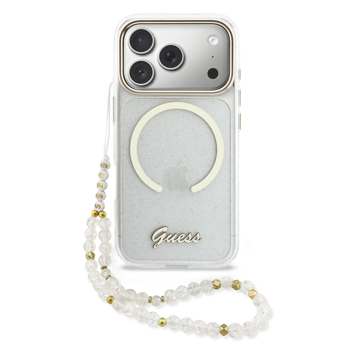IML Glitter Script Strap MagSafe hoesje voor iPhone 17 Pro Max en iPhone 18 Pro Max - Transparant van Guess – productfoto