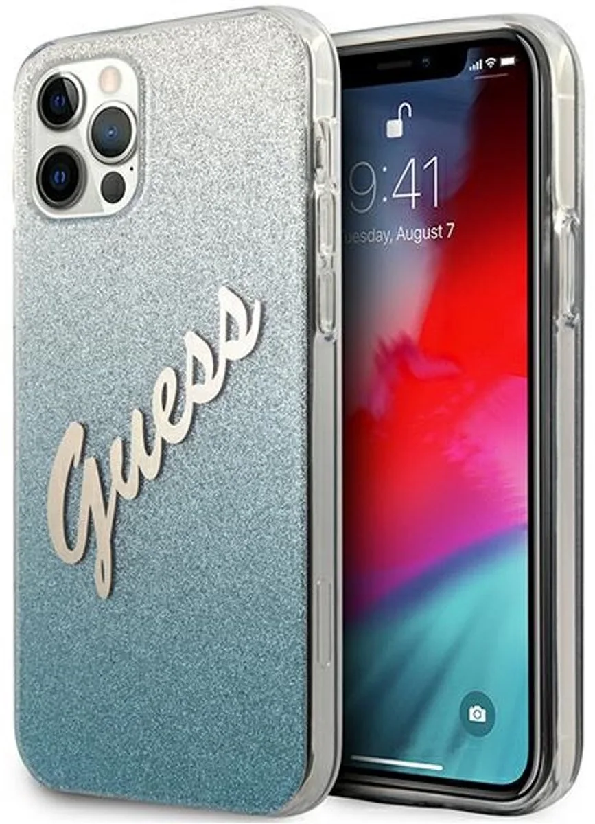 iPhone 12-hoesje - Glitter Gradient Script de Guess en Bleu – photo produit