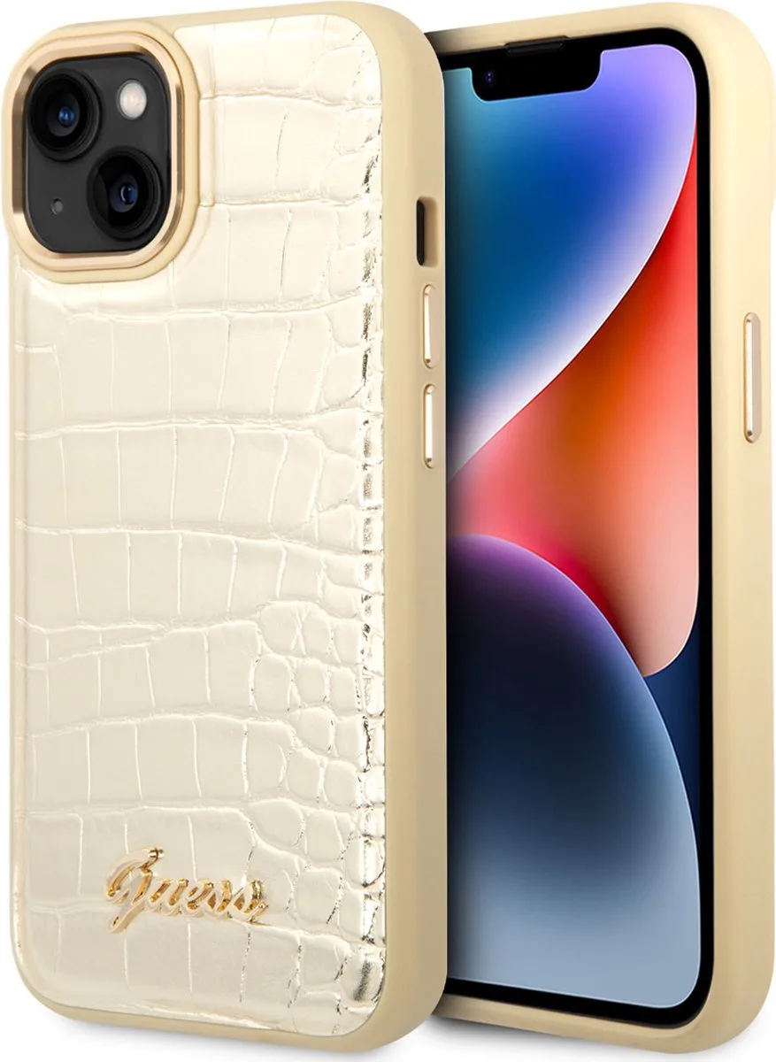 iPhone 14 Hardcase Backcover - Croco - Metal Buttons & Camera - Goud van Guess in Goud, Geel – productfoto