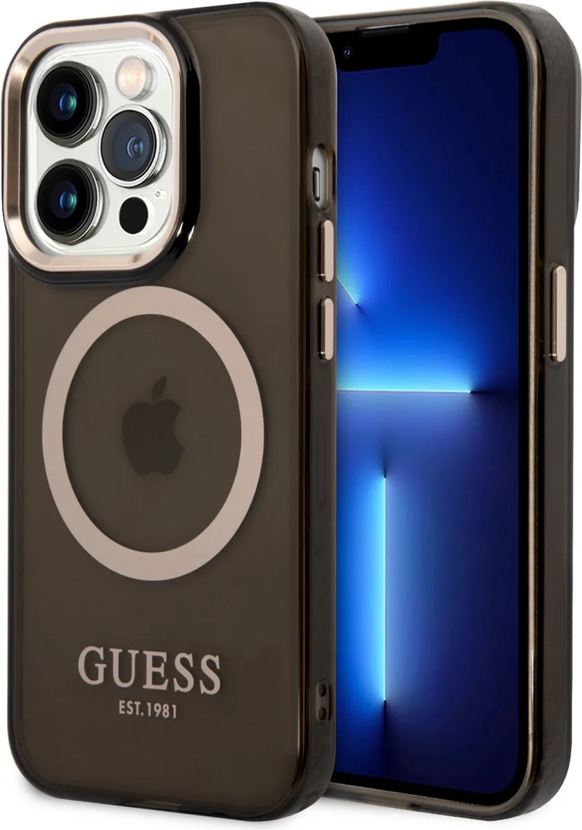 iPhone 14 Pro Max Hardcase Backcover - Gold Buttons & Camera - Magsafe Compatible - Doorzichtig de Guess en Noir – photo produit
