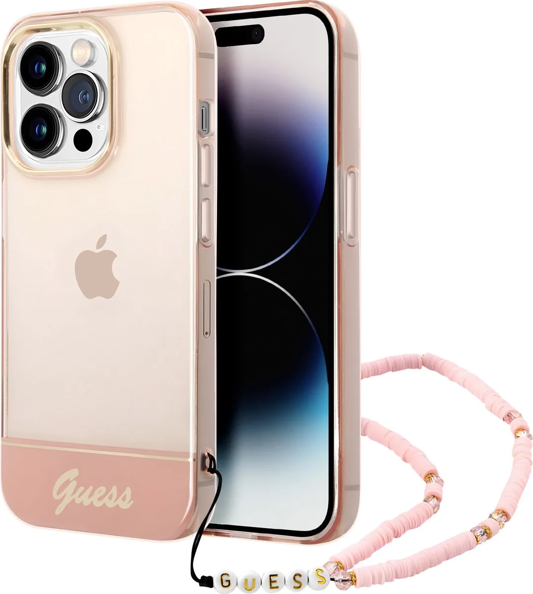 iPhone 14 Pro Max Telefoonhoesje | Transparant | TPU Materiaal | Back Cover Bescherming van Guess in Roze – productfoto