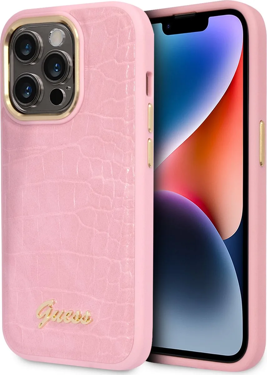 iPhone 14 Pro PU leer telefoonhoesje - Kleur: - Bescherm je telefoon met een stijlvolle back cover von Guess in Rosa – Produktfoto
