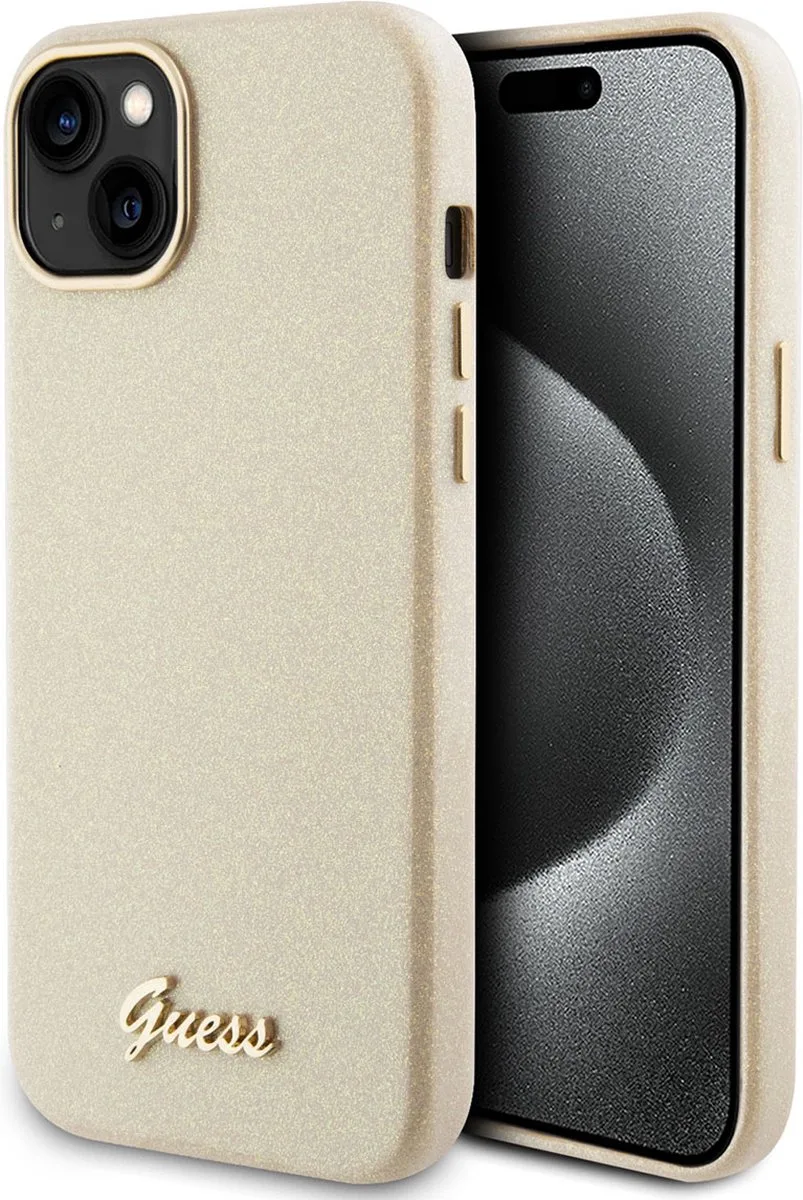 iPhone 15 Plus TPU Back Cover hoesje – Glitter Glossy Script de Guess en Or – photo produit