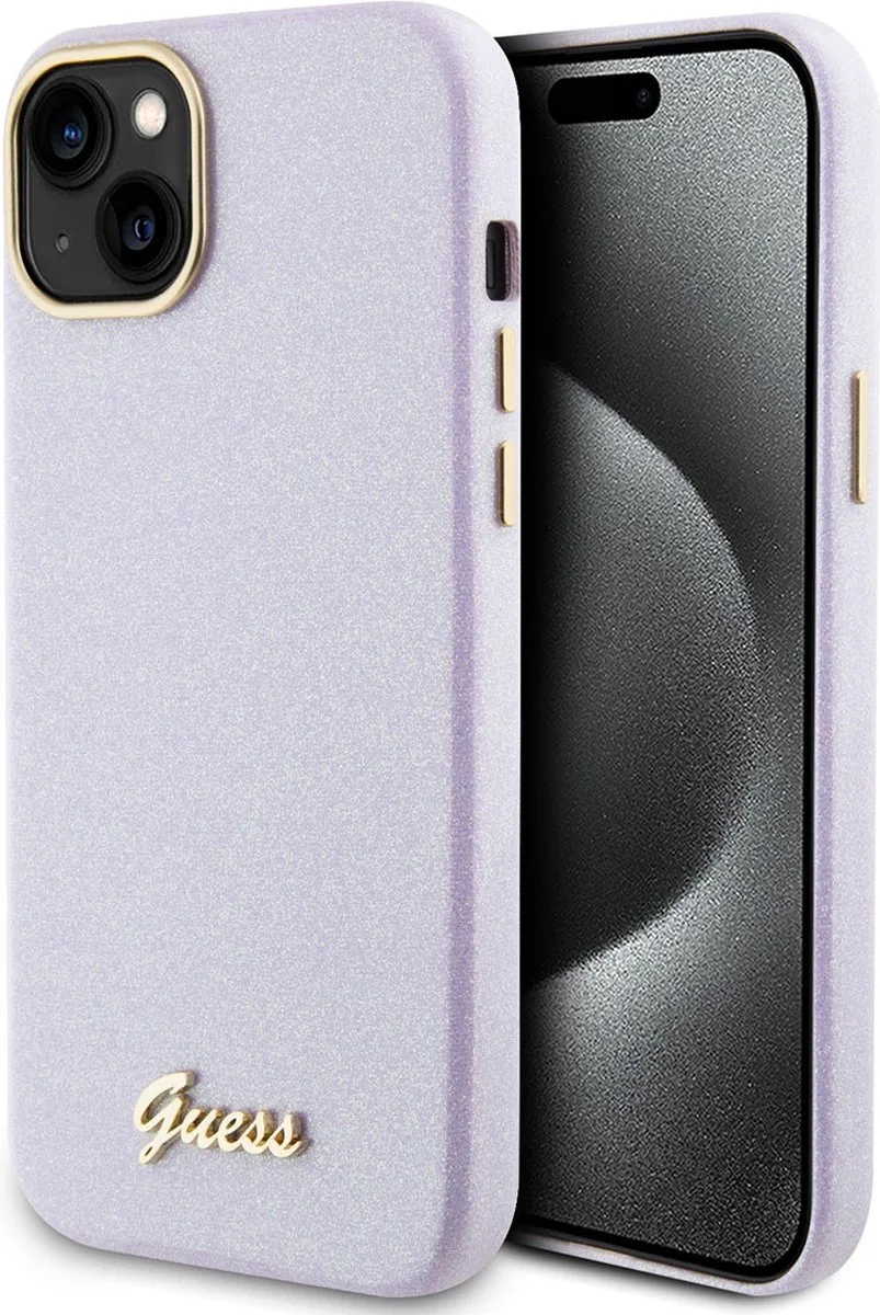 iPhone 15 Plus TPU Back Cover hoesje – Glitter Glossy Script de Guess en Violet – photo produit