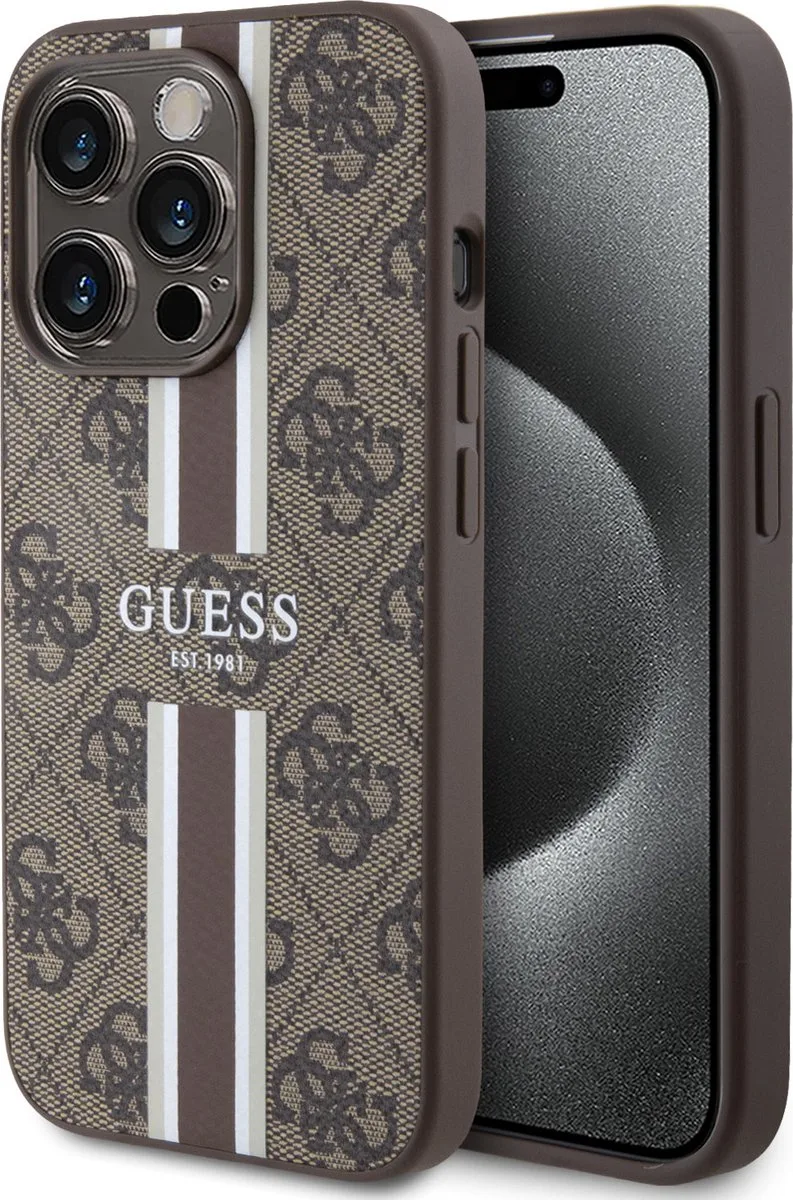iPhone 15 Pro Backcover – hoesje 4G – Printed Stripes – Bruin van Guess in Goud – productfoto
