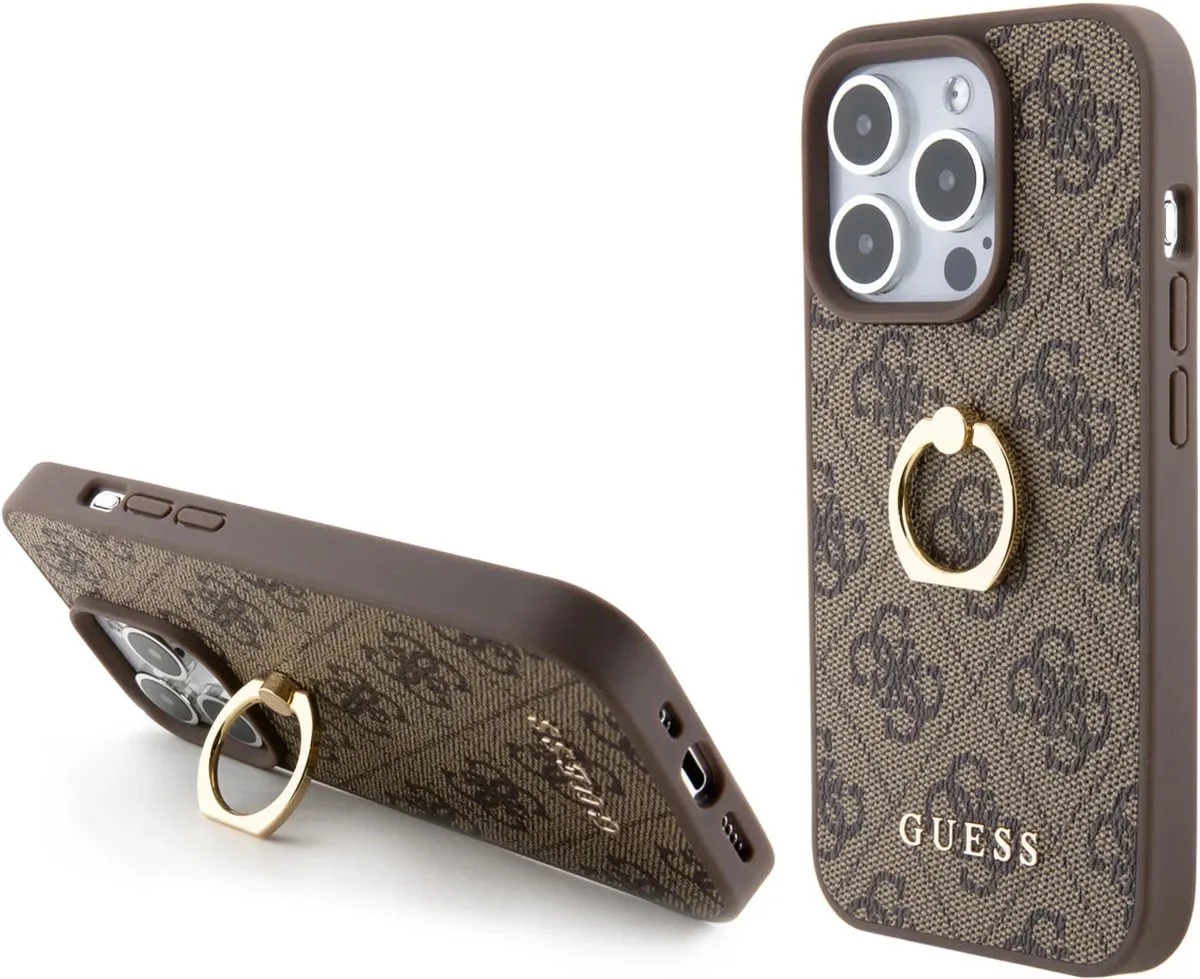 iPhone 15 Pro Hardcase hoesje - 4G - Met Ringhouder von Guess in Braun – Produktfoto