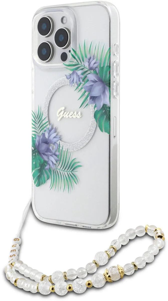 iPhone 16 Pro Back cover case - Magsafe IML - Flower Wreath Design & Pearl Strap von Guess in Transparent – Produktfoto