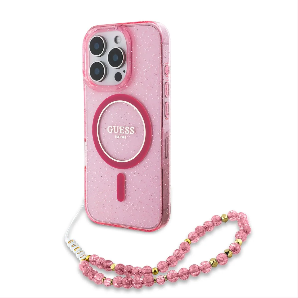 iPhone 16 Pro - hardcase - IML Glitter Strap MagSafe - Roze von Guess in Rosa – Produktfoto