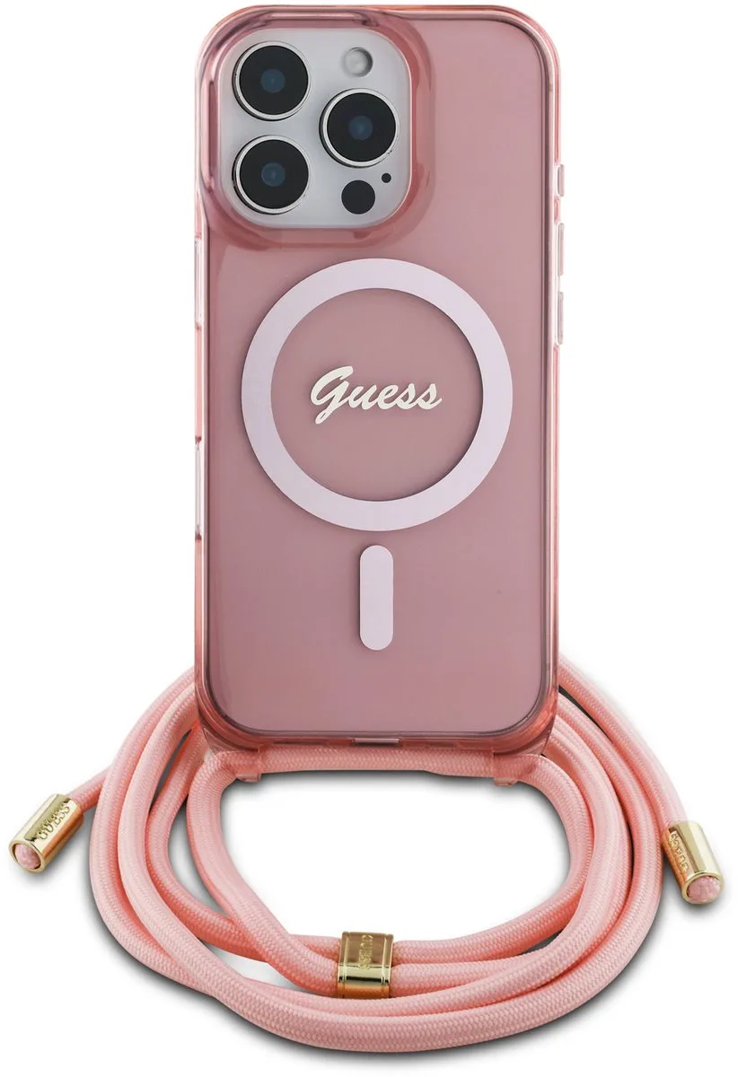 iPhone 16 Pro Max Backcover hoesje Magsafe IML crossbody cord script von Guess in Rosa – Produktfoto
