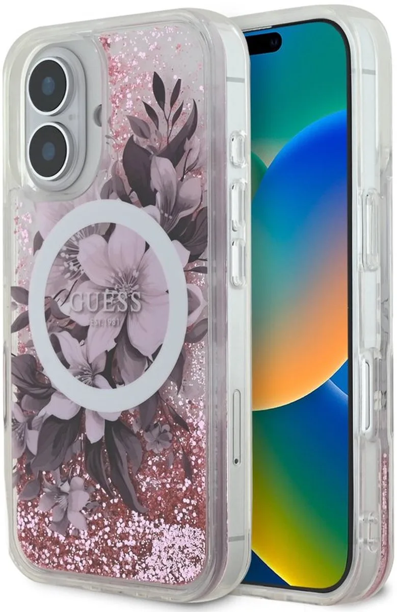 iPhone 16 telefoonhoesje - Liquid Glitter Flower - MagSafe - Roze van Guess in Roze – productfoto