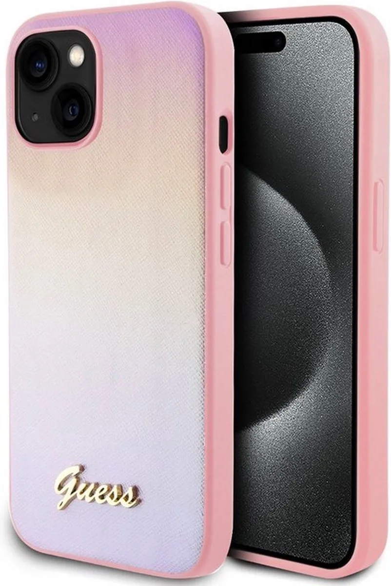 Iridescent Metal Script Back Case - Apple iPhone 15 (6.1") von Guess in Rosa – Produktfoto