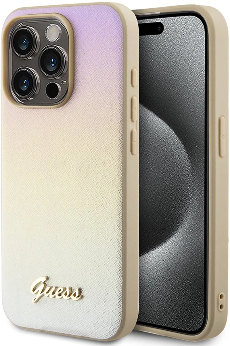 Iridescent Metal Script Back Case - Apple iPhone 15 Pro (6.1") von Guess in Gold – Produktfoto