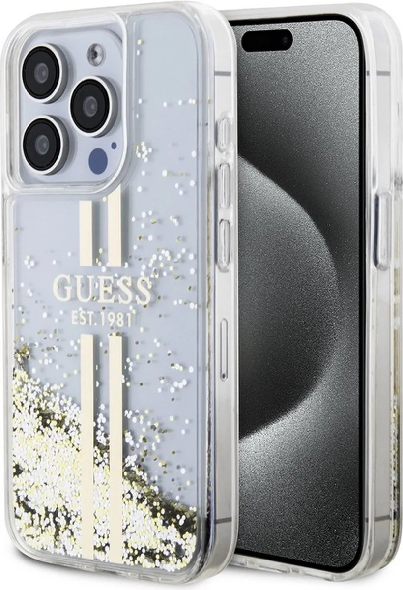 Liquid Glitter Gold Stripe Back Case - Apple iPhone 15 Pro (6.1") fra Guess i Gennemsigtig – produktbillede