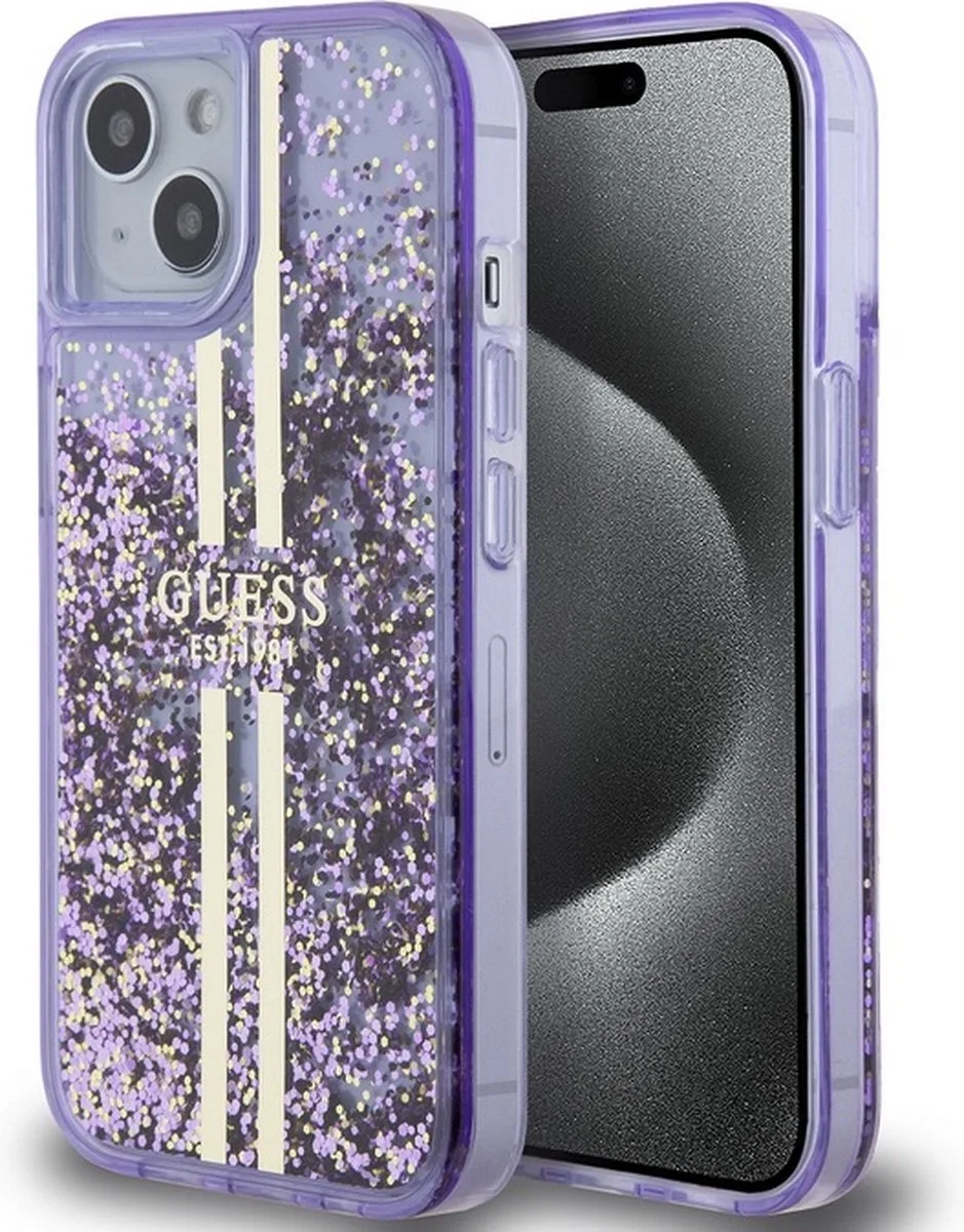 Liquid Glitter Golden Stripes Back Case - Geschikt voor Apple iPhone 15 (6.1") van Guess in Paars – productfoto