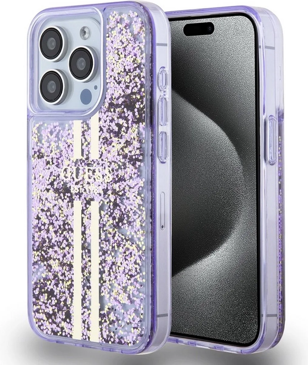 Liquid Glitter Golden Stripes Back Case - Geschikt voor Apple iPhone 15 Pro (6.1") fra Guess i Lilla – produktbillede
