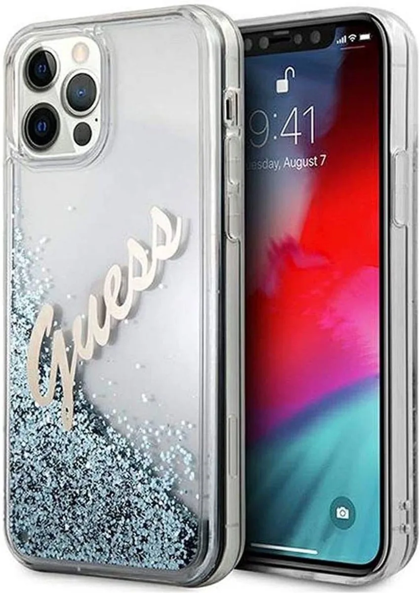 Liquid Glitter Script Back Shield Hard Case for Apple iPhone 12 / 12 Pro (6.1") fra Guess i Blå – produktbillede
