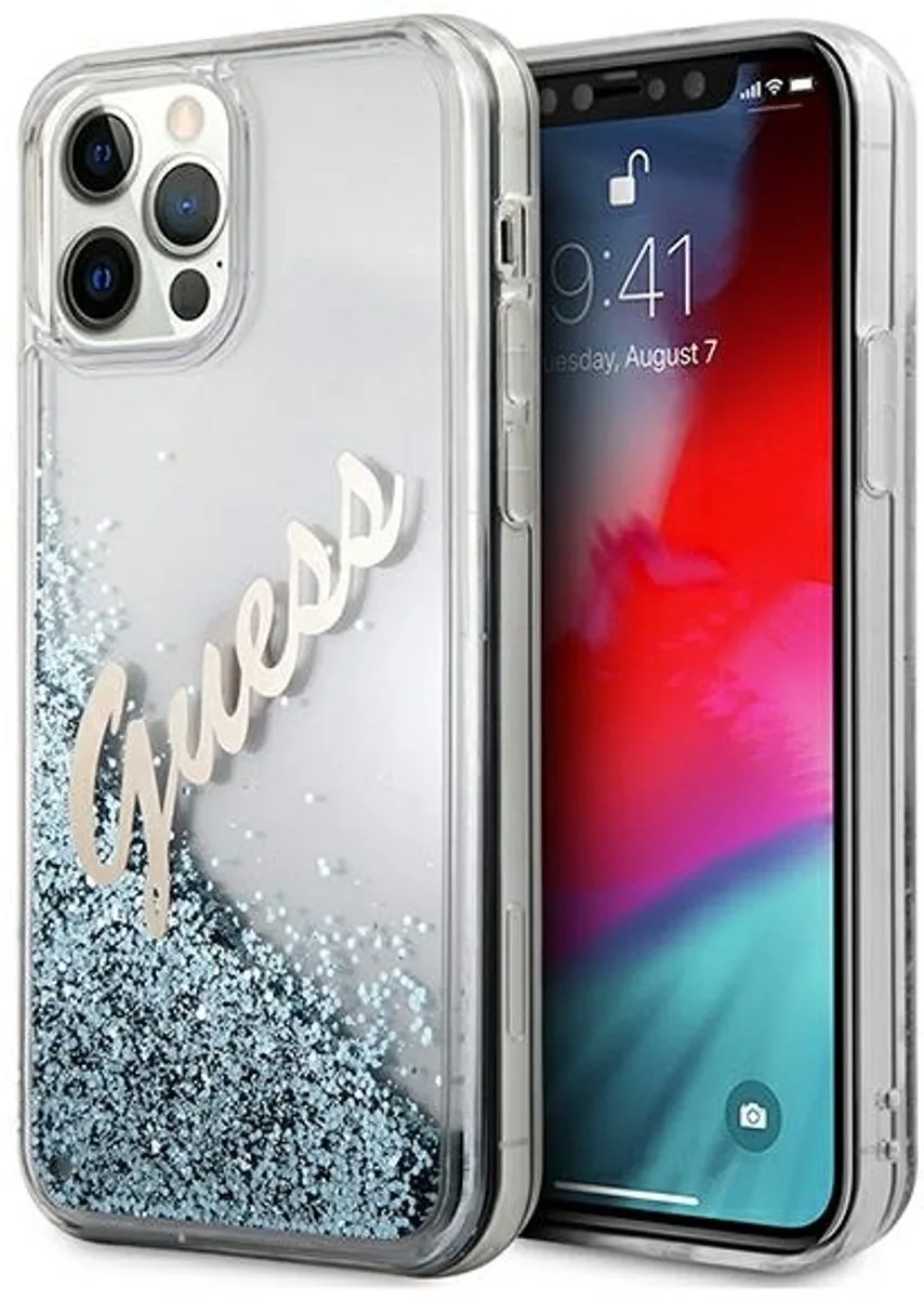Liquid Glitter Script Hard Case geschikt voor iPhone 12 Pro Max ( 6.7" ) Vintage de Guess en Bleu – photo produit