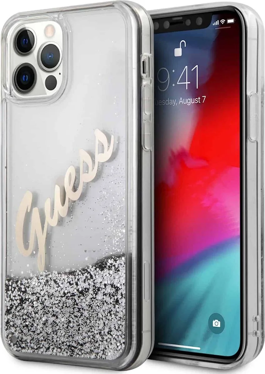 Liquid Glitter Vintage Backcase hoesje Geschikt Voor iPhone 12 Pro en 12 Zilver de Guess en Gris – photo produit