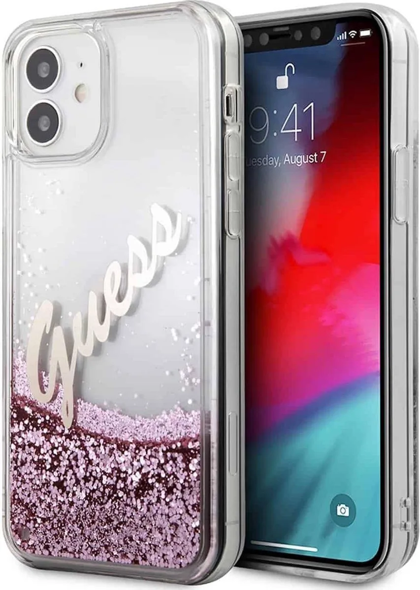 Liquid Glitter Vintage Backcase Hoesje iPhone 12 Mini de Guess en Rose – photo produit
