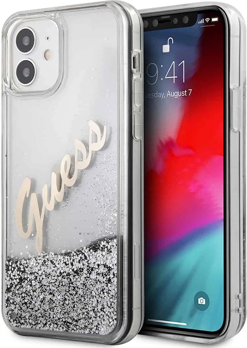 Liquid Glitter Vintage Backcase Hoesje iPhone 12 Mini - Zilver de Guess en Gris – photo produit