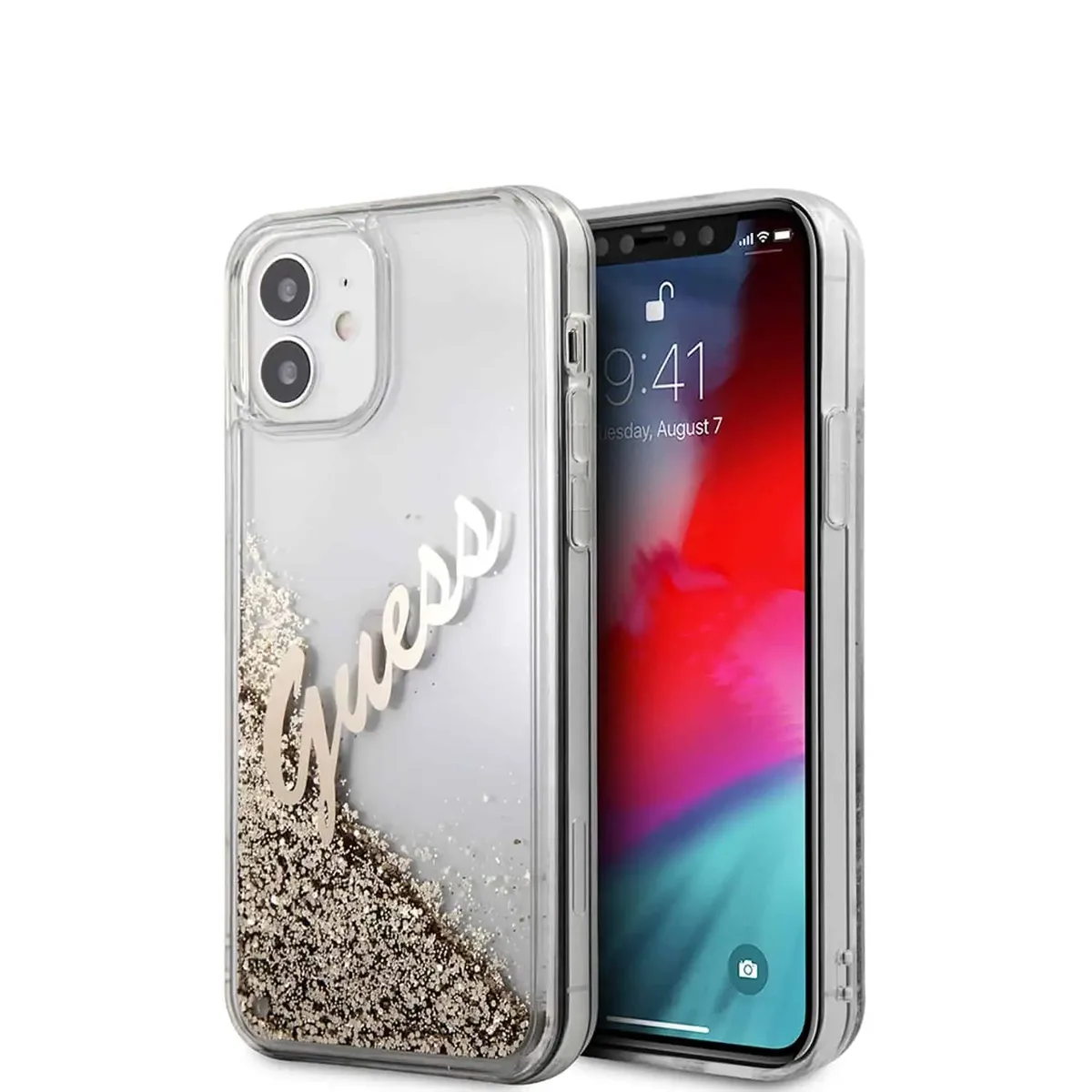 Liquid Glitter Vintage Hoesje iPhone 12 Mini - Goud de Guess – photo produit