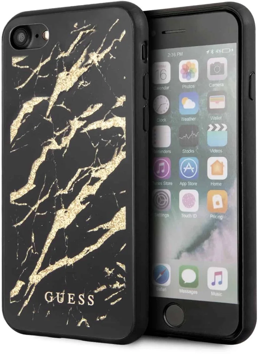Marble Glass Backcase Hoesje iPhone SE (2020) / 8 / 7 de Guess en Noir – photo produit