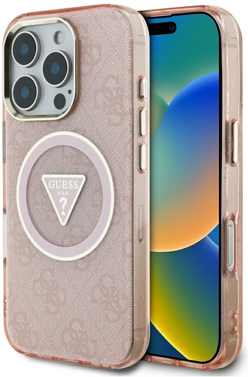 Metal Glitter Serie - iPhone 16 Pro Hoesje - MagSafe Compatibel - Różowy - Metaal Glitter Afwerking van Guess in Roze – productfoto
