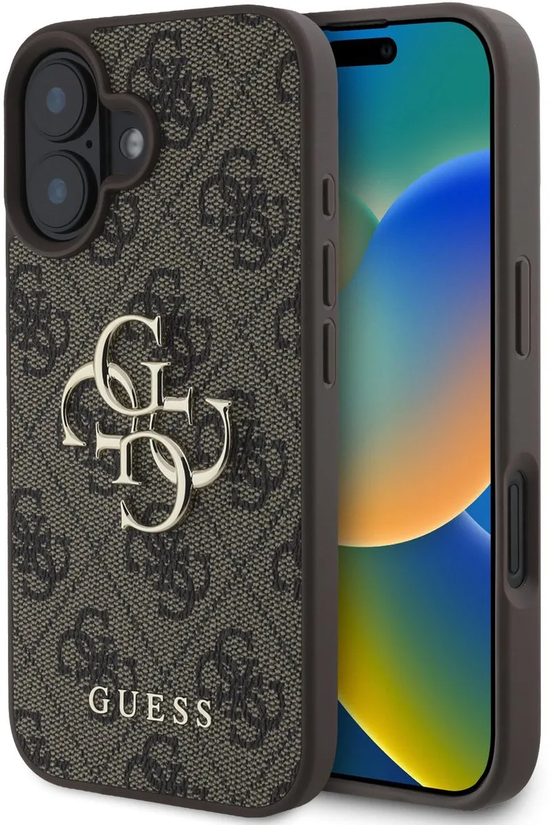 Metal Logo geschikt voor iPhone 16 hoesje de Guess en Marron – photo produit