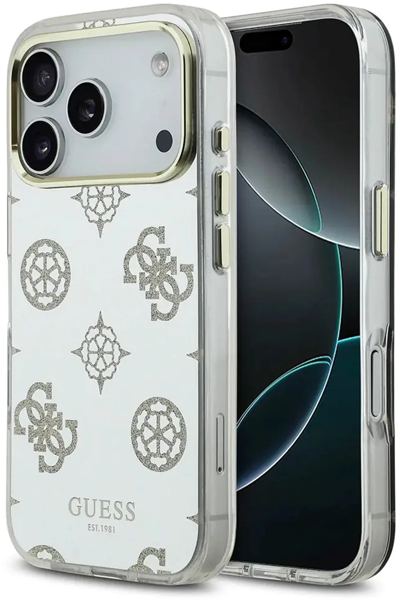 Original Licensed Apple iPhone 17 Pro Max Case with Metal Camera Frame and Glittery Mirror Cover van Guess in Zilver – productfoto
