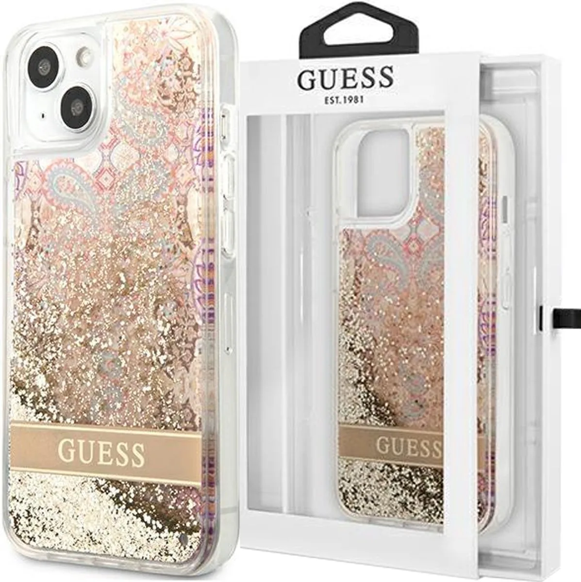 Paisley Liquid Glitter Back Case - Geschikt voor Apple iPhone 13 Mini (5.4") fra Guess i Guld – produktbillede