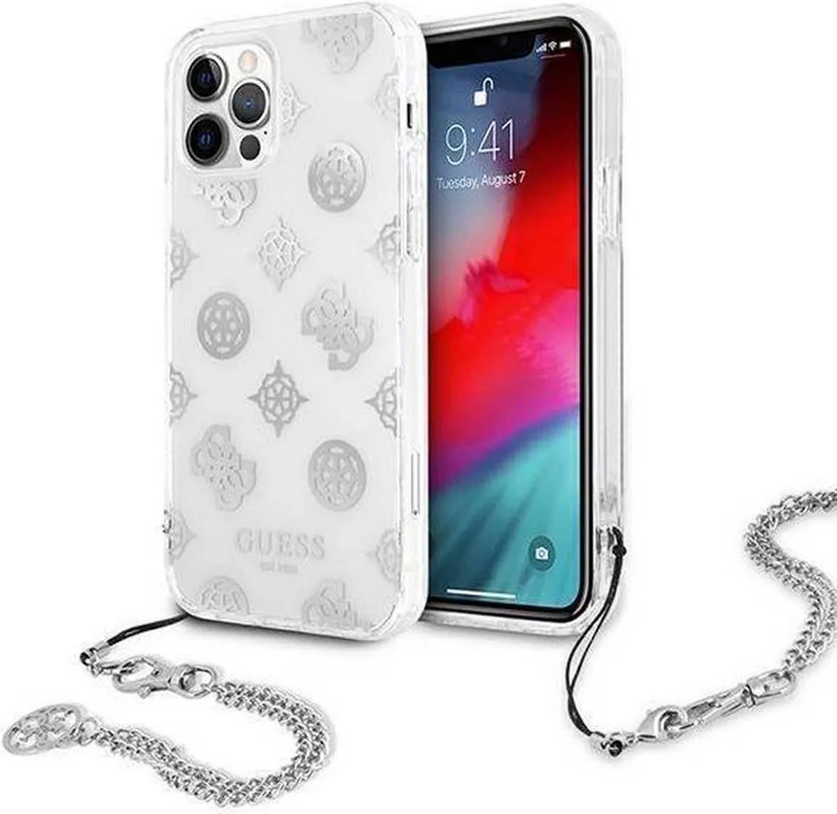 Peony Back Case met Strap - Geschikt voor Apple iPhone 12/12 Pro (6.1") van Guess in Zilver – productfoto