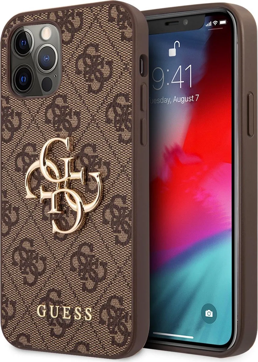 PU 4G metal Logo Case Geschikt Voor iPhone 12 Pro en 12 van Guess in Bruin – productfoto