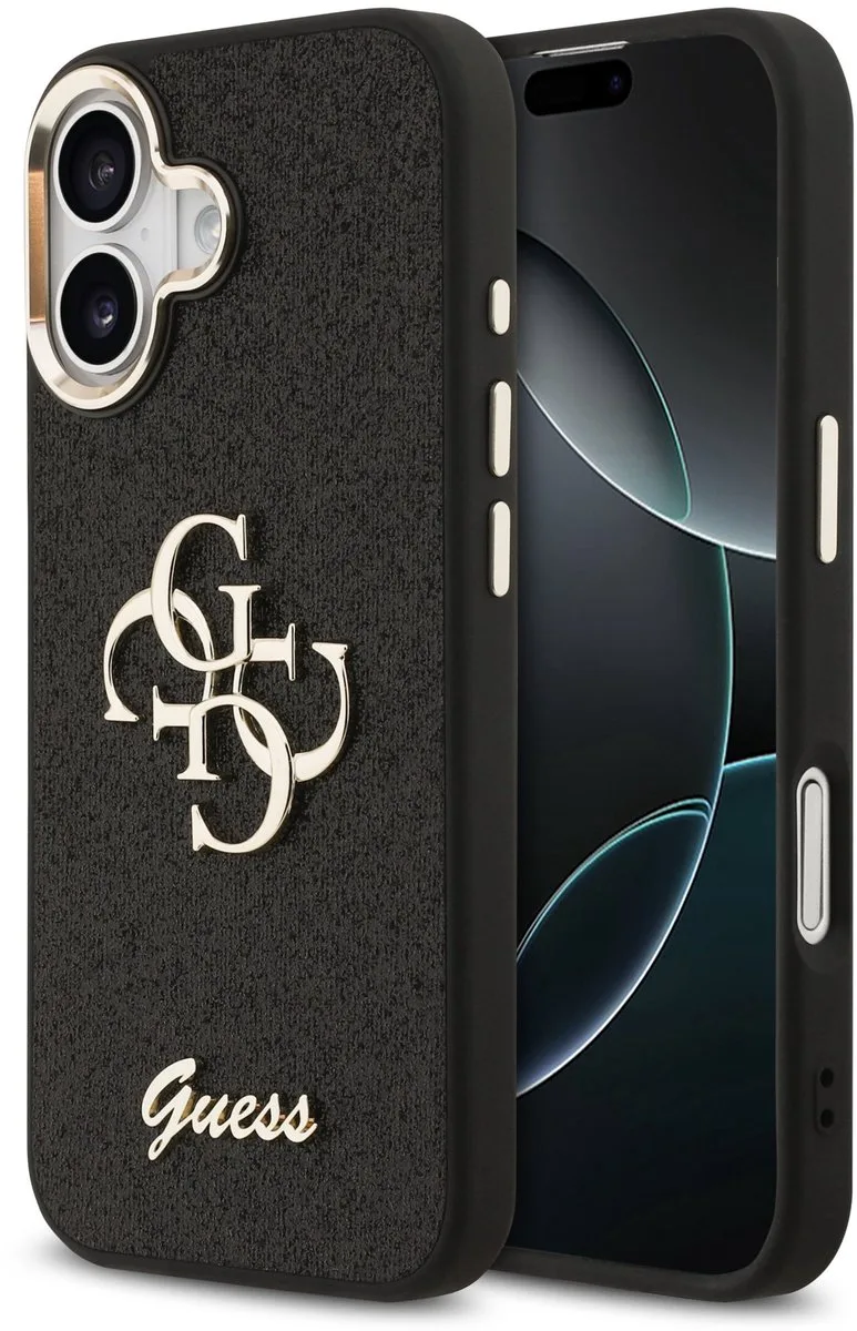 PU Fixed Glitter 4G Metal Frame Backcover - Geschikt voor iPhone 17 von Guess in Schwarz – Produktfoto