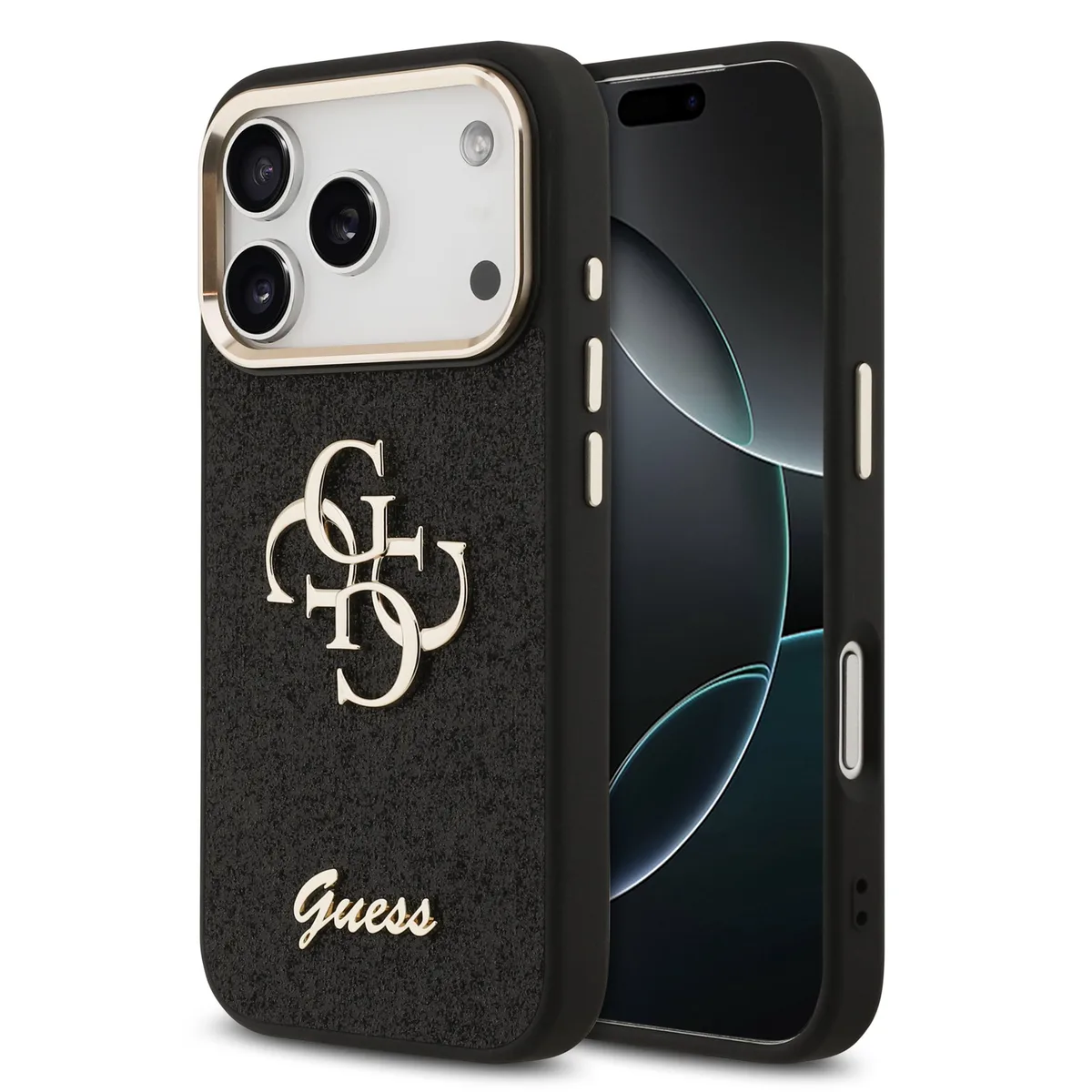 PU Fixed Glitter 4G Metal Frame Hoesje iPhone 17 Pro / 18 Pro - Zwart de Guess – photo produit