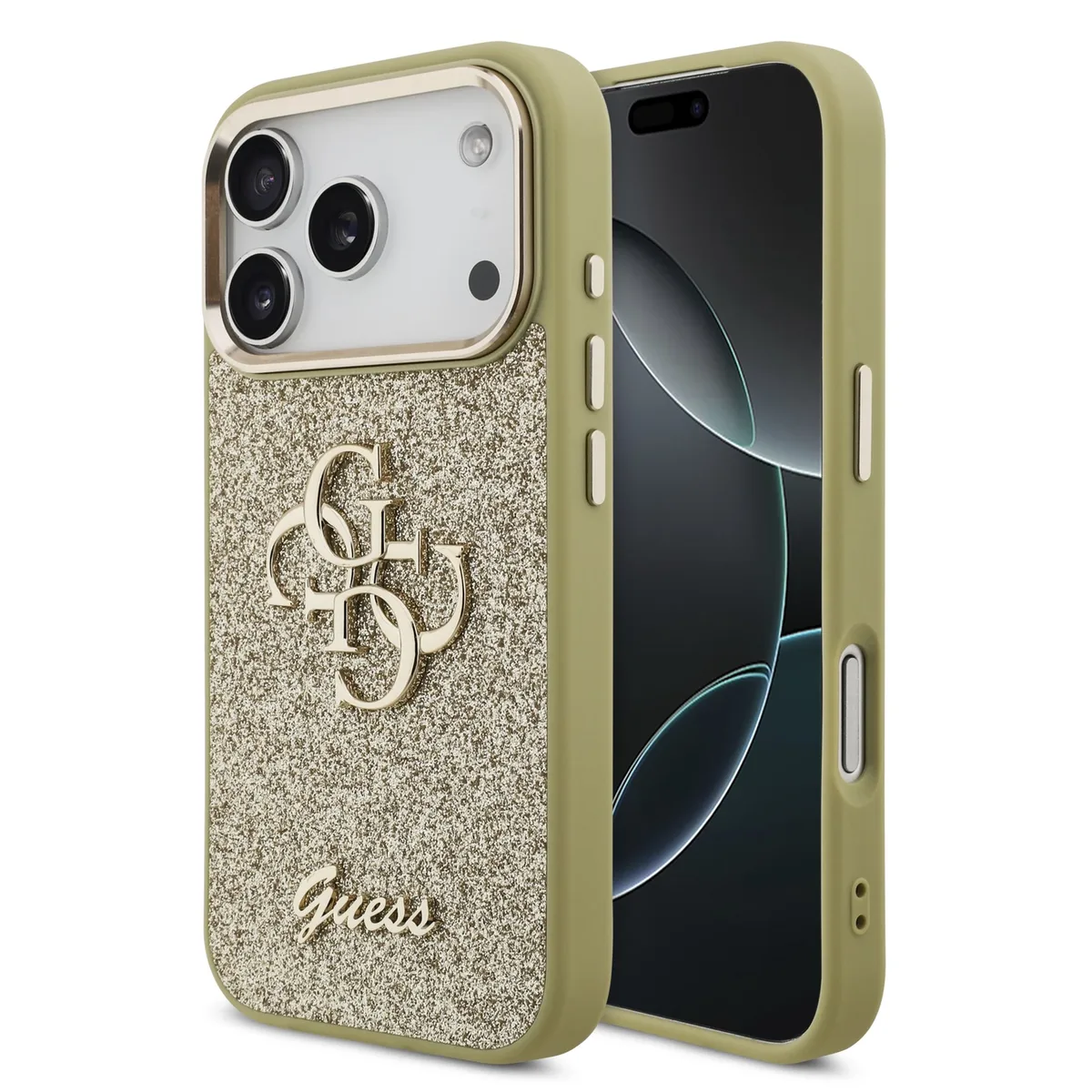 PU Fixed Glitter 4G Metal Frame Hoesje iPhone 17 Pro / 18 Pro - Goud de Guess – photo produit