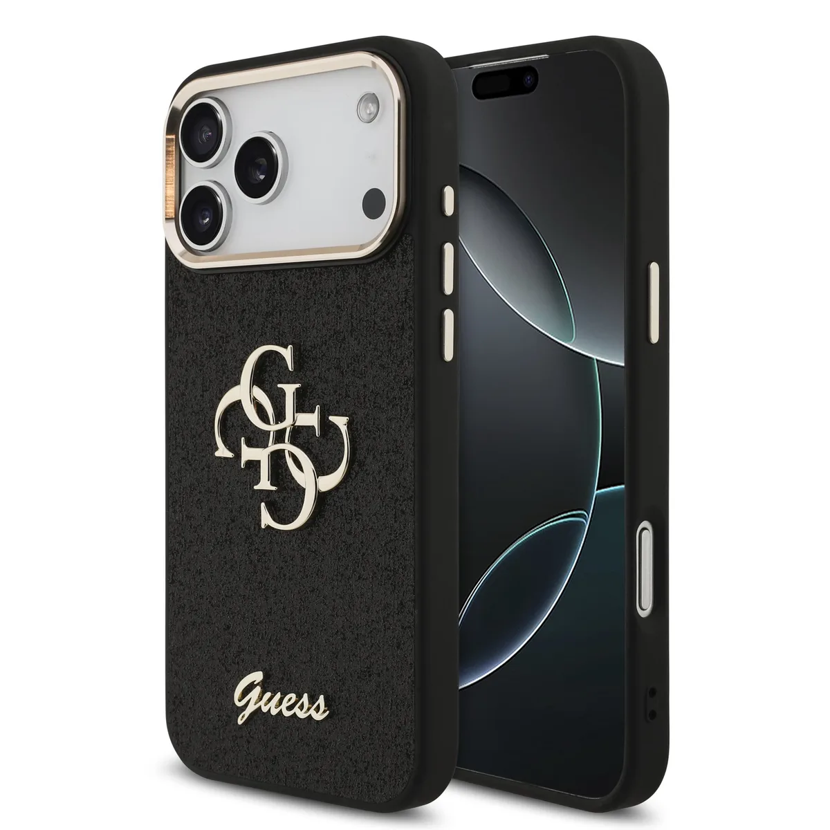 PU Fixed Glitter 4G Metal Frame hoesje voor iPhone 17 Pro Max en iPhone 18 Pro Max - Zwart de Guess – photo produit