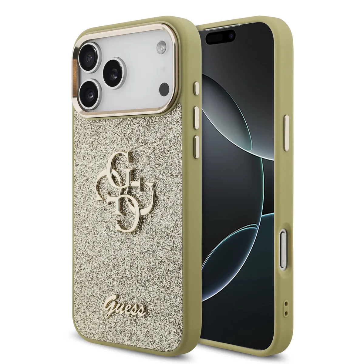 PU Fixed Glitter 4G Metal Frame hoesje voor iPhone 17 Pro Max en iPhone 18 Pro Max - Goud de Guess – photo produit