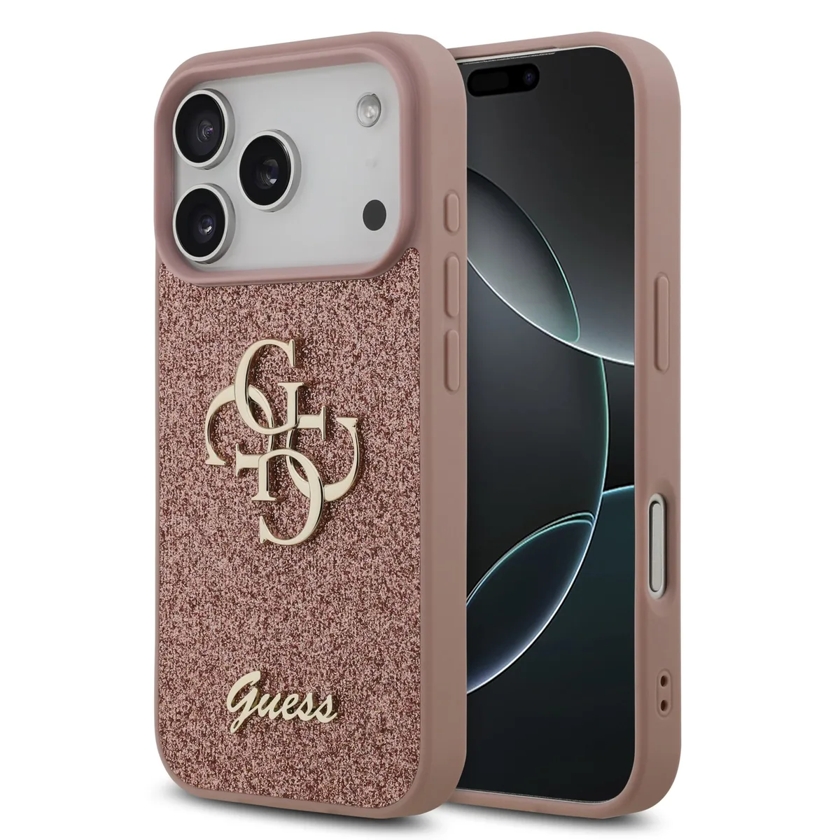 PU Glitter 4G Metal Logo iPhone 17 Pro / 18 Pro Hoesje - Roze de Guess – photo produit