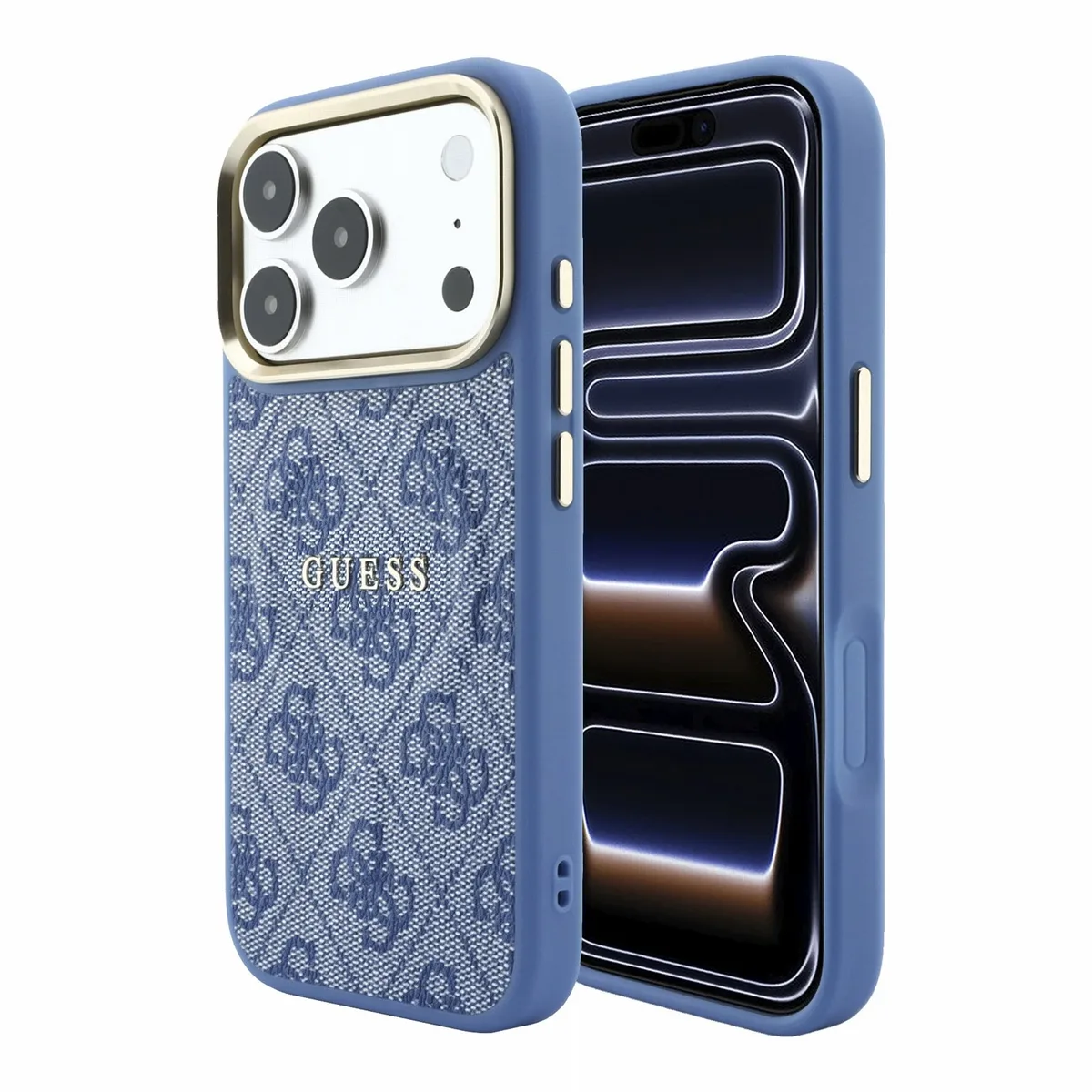 PU Leather 4G Gold Frame Embossed MagSafe hoesje voor iPhone 17 Pro Max en iPhone 18 Pro Max - Blauw van Guess – productfoto