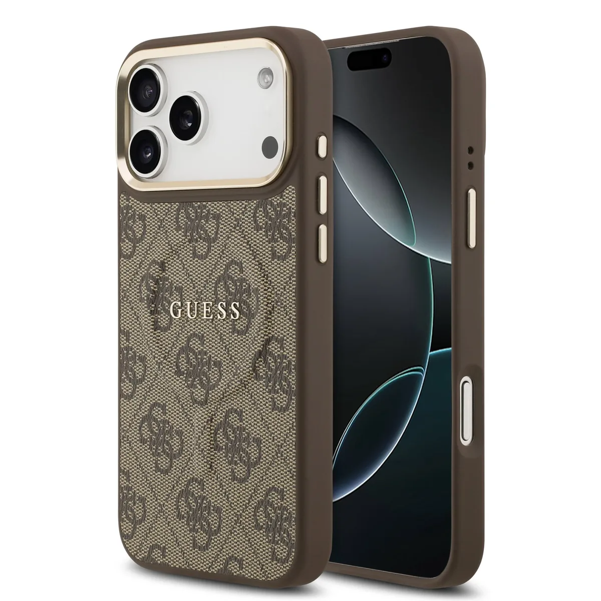 PU Leather 4G Gold Frame MagSafe hoesje voor iPhone 17 Pro Max en iPhone 18 Pro Max - Bruin de Guess – photo produit