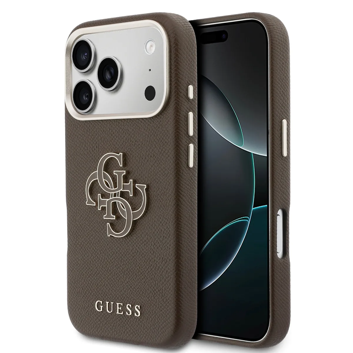 PU Resin Logo Hoesje iPhone 17 Pro / 18 Pro - Bruin de Guess – photo produit