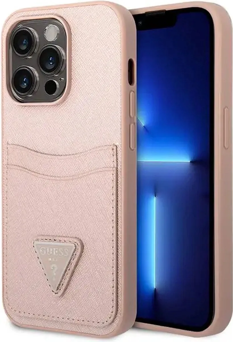 PU Saffiano Case With Double Cardslot & Metal Triangle Logo iPhone de Guess en Rose – photo produit