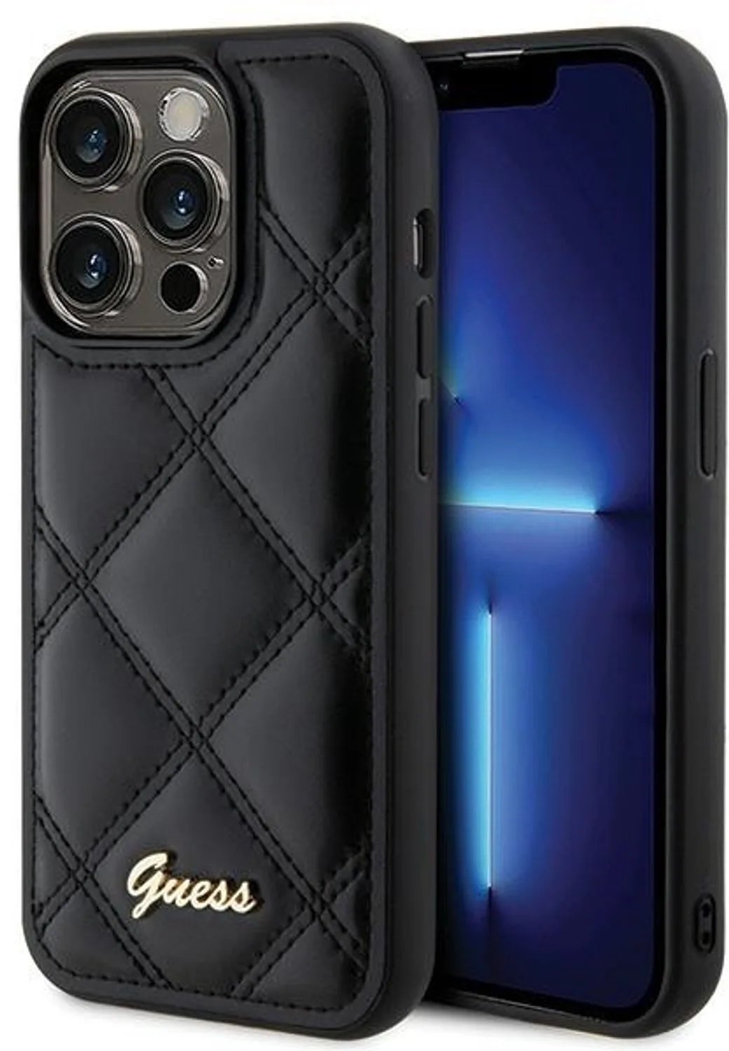 Quilted Metal Logo Back Case - Geschikt voor Apple iPhone 15 Pro (6.1") de Guess en Noir – photo produit