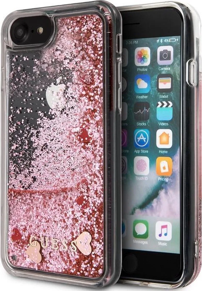 Red Hearts Glitter Back Case - Geschikt voor Apple iPhone 7/8/SE (2020) - Roze från Guess i Hearts – Roze – produktbild