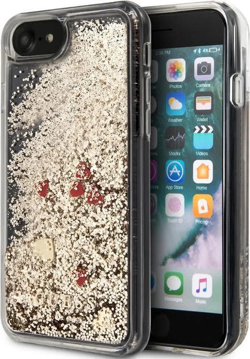 Red Hearts Glitter Back Case - Geschikt voor Apple iPhone 7/8/SE (2020) - Goud fra Guess i Hearts – Goud – produktbillede