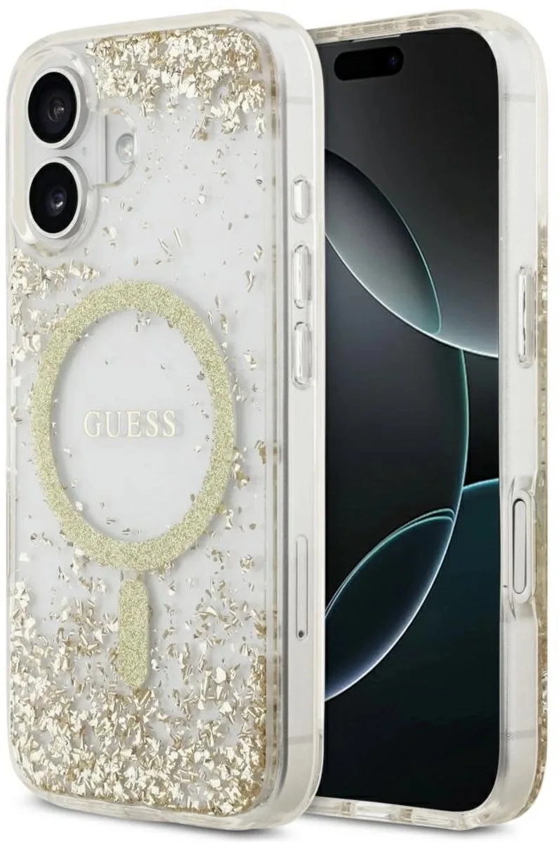 Resin Onderkant Glitter Magsafe Hoesje Voor Iphone 17 Met Glitter Coating van Guess in Zwart – productfoto